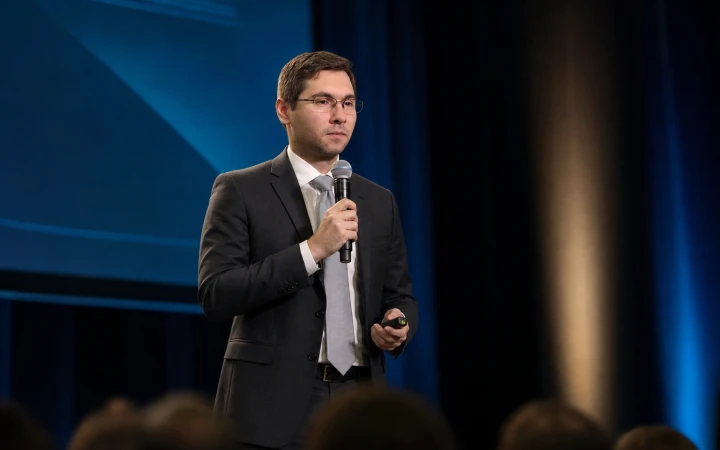 Advogado do curso falando em um palco de evento profissional