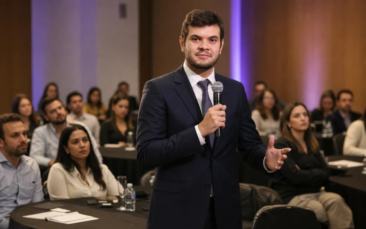 Advogado do Master Síndico ensinando diante de um público fictício