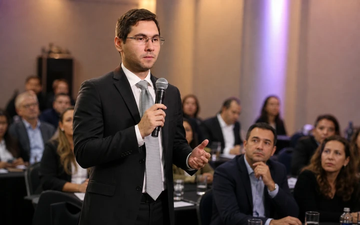 Advogado do curso conduzindo uma palestra com participantes fictícios